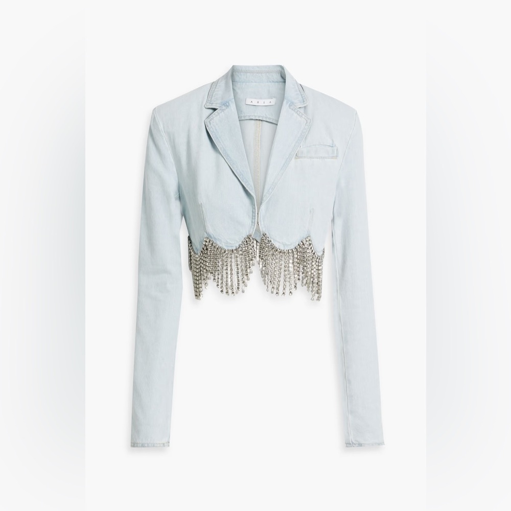 AREA Cropped crystal-embellished denim jacket size 8
